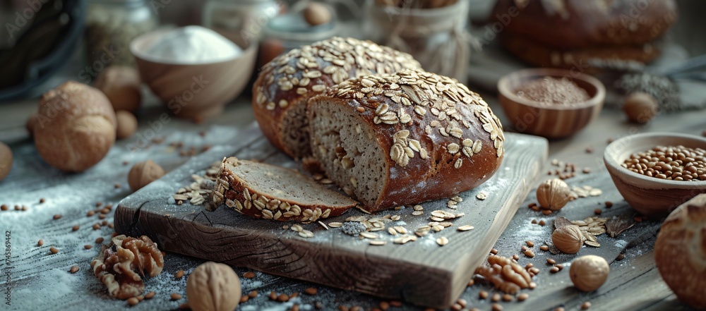 A freshly sliced artisan bread with nuts and seeds, surrounded by baking ingredients, evokes a sense of home baking