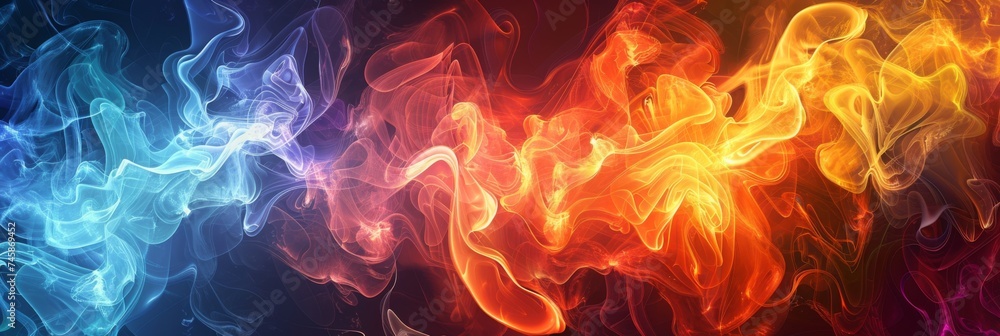Abstract fiery and icy smoke blend image - Dynamic, abstract image contrasting fiery oranges and icy blues in a smoke blend, symbolizing conflict and duality of nature