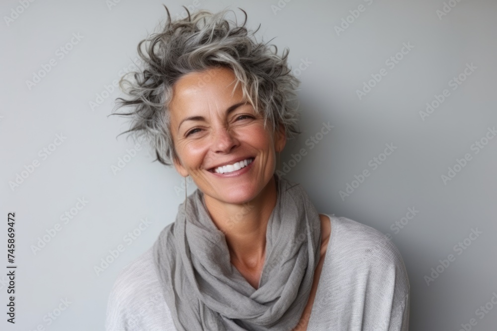 Portrait of a happy mature woman with grey hair and gray scarf Portrait of a happy mature woman with grey hair and gray scarf