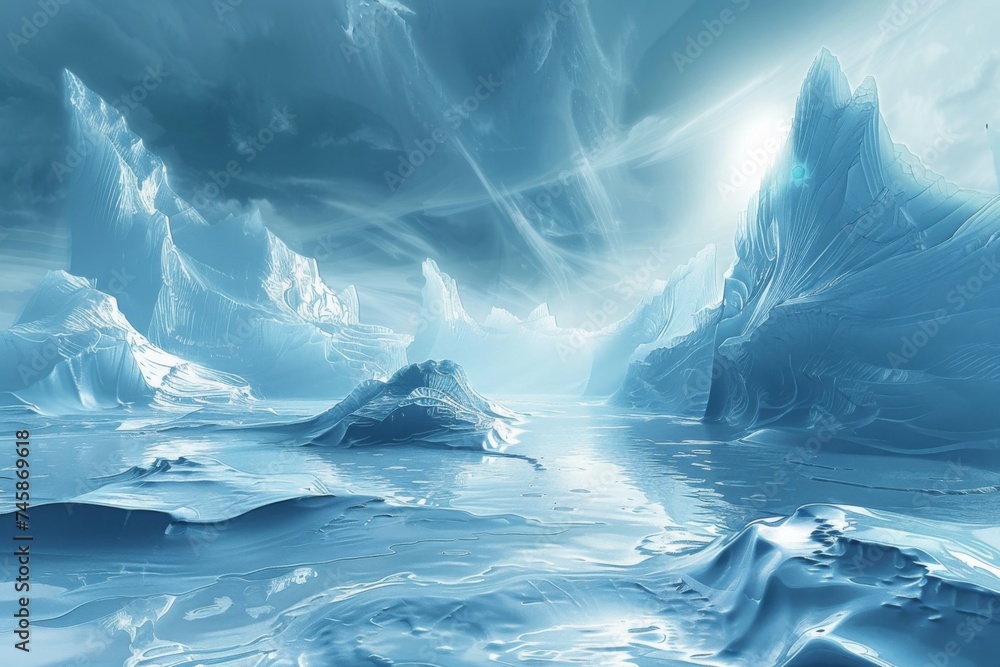 Arctic icebergs under a mystical sky - Digital artwork of surreal arctic icebergs beneath a luminous and mystical sky, evoking serenity