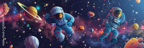 Astronauts floating in cosmic space - Two astronauts adventuring through space surrounded by planets, asteroids, conveying exploration and adventure