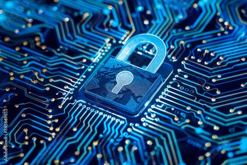 Blue lock on a circuit board representing security - A conceptual image of a blue lock symbol on a detailed circuit board background, signifying digital security and data protection photo