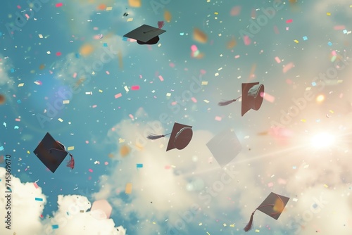 graduation hats flying in the sky with confetti, graduation celebration