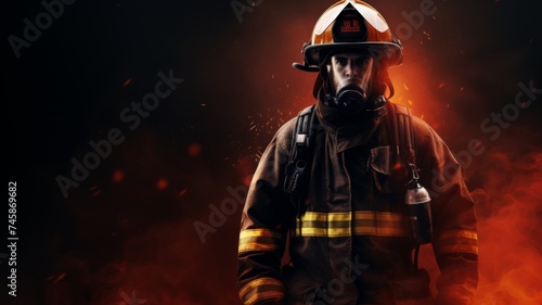 Brave firefighter in action against flames - A heroic firefighter clad in full gear is standing bravely among intense flames, facing the heat and danger head-on