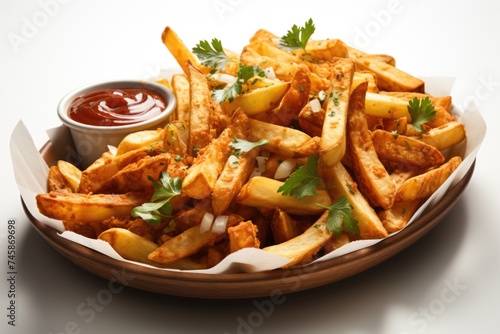 Hot chips on a white background. Unhealthy American food, generative IA