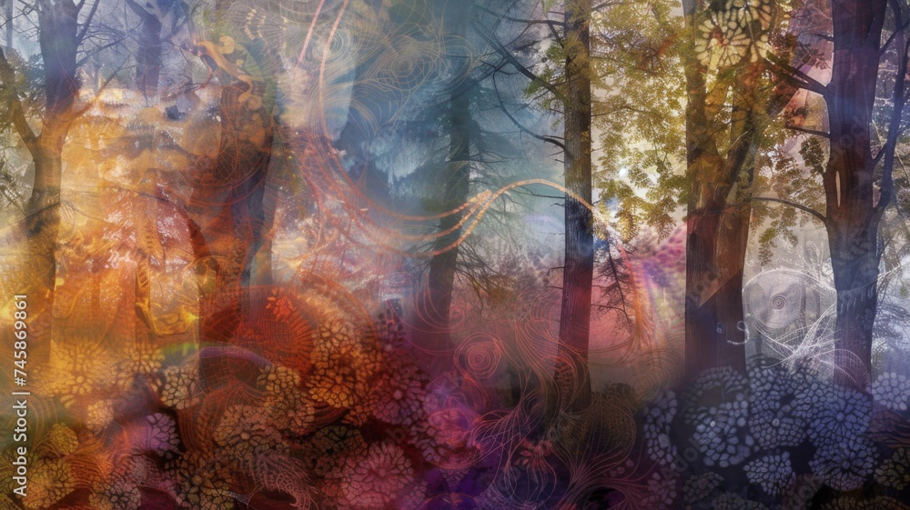 Colorful digital forest with abstract elements - A vibrant and surreal digital forest scene, filled with abstract elements, invoking imagination and wonder