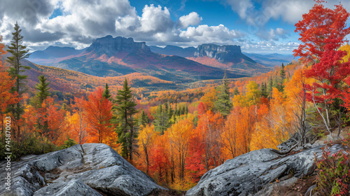 A panoramic view of a mountain range during autumn.