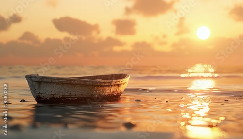 Peaceful summer sunset with a small boat on the beach.