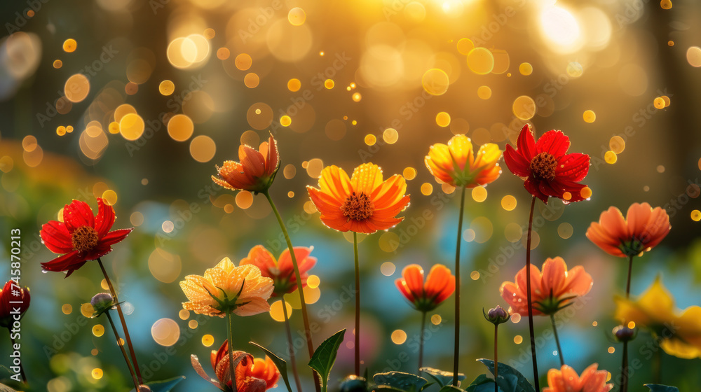Field of wild flowers, mystical foggy morning Field of wild flowers, mystical foggy morning
