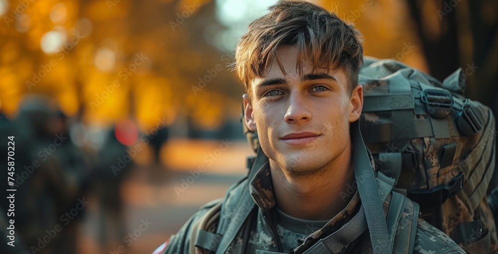 Young soldier carrying a military backpack smiles on a sunny autumn day in a training camp surrounded by fellow soldiers Young soldier carrying a military backpack smiles on a sunny autumn day in a training camp surrounded by fellow soldiers