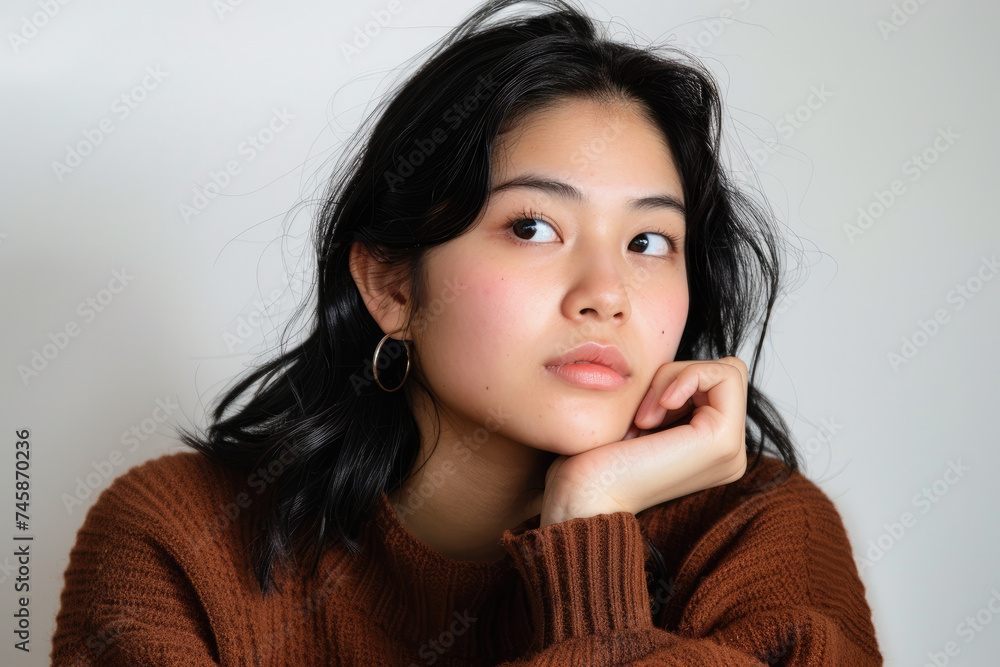 Young Asian Woman in Thoughtful Pose Wearing Brown Sweater on a Grey Background Young Asian Woman in Thoughtful Pose Wearing Brown Sweater on a Grey Background
