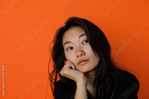 Contemplative Young Asian Woman with Long Dark Hair in Black Top on Vibrant Orange Background, Copy Space © Lucy Welch