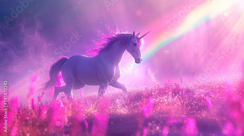 Adorable unicorn in blossoming field  fairytale atmosphere