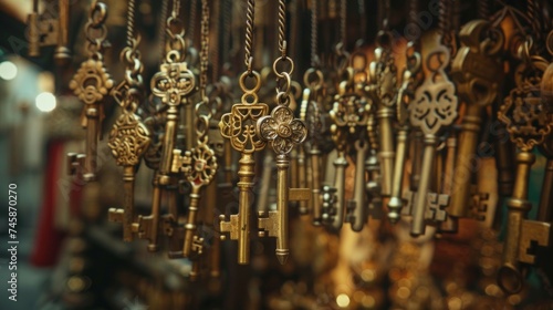 A collection of ornate antique keys displayed at a vintage market, representing history and mystery. © tashechka