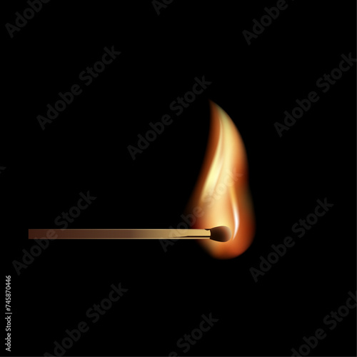 vector with a burning match. realistic wooden match burns on black background