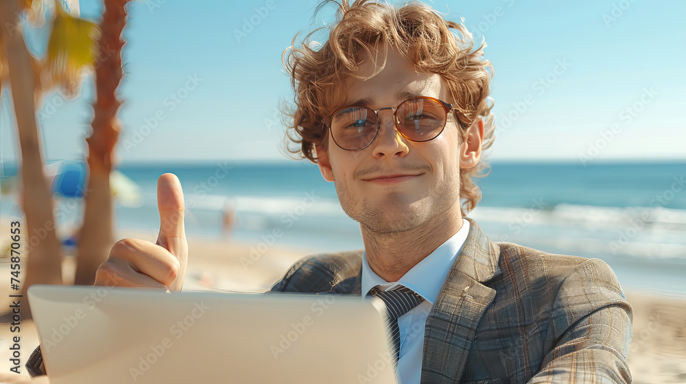 Young businessman showing thumbs up while working on a laptop on the beach. Online work concept