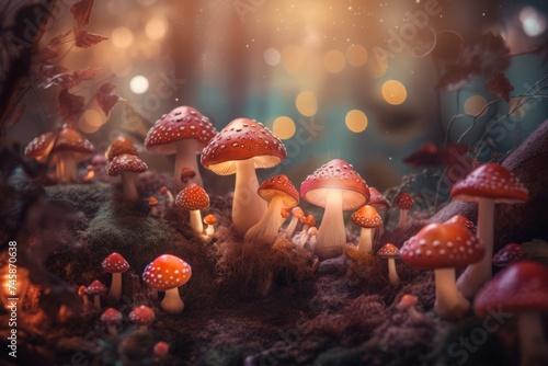 Close-up whimsical forest setting filled with fantastical elements such as colorful mushrooms and glowing lights