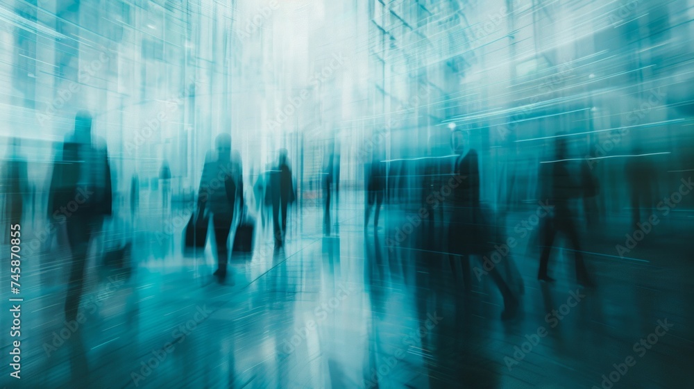 A dynamic, blurred motion shot of people walking in a modern urban environment with reflective surfaces.