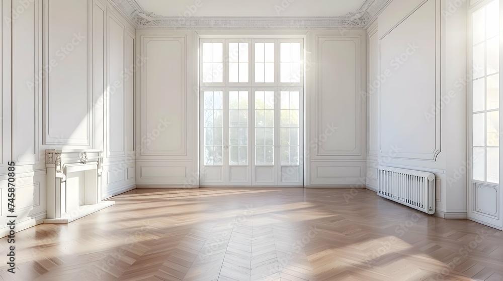 Fototapeta premium Cozy posh luxurious interior design of room without furniture with wooden classic parquet floor, tall ceiling, french windows, fireplace, white panel walls, parisian look. Background 