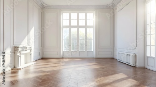 Cozy posh luxurious interior design of room without furniture with wooden classic parquet floor, tall ceiling, french windows, fireplace, white panel walls, parisian look. Background 