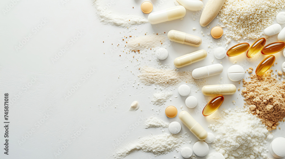 Top view a variety of dietary supplements for health and beauty, including collagen, vitamins, biotin, and protein, set against a white background with copy-space Top view a variety of dietary supplements for health and beauty, including collagen, vitamins, biotin, and protein, set against a white background with copy-space