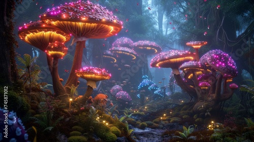 An enchanting forest setting filled with vibrant mushrooms, twinkling lights, and tiny fairy creatures, capturing the essence of a magical adventure photo