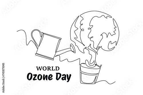 Continuous one line drawing World Ozone Day commemoration slogan. Protects the earth's ozone layer from perforating. The air remains healthy. world ozone minimalist concept.