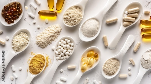 A collection of dietary supplements designed to support both health and beauty needs, featuring collagen, vitamins, biotin, and protein, on a white background