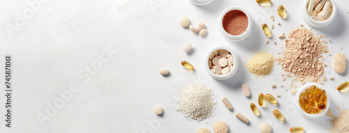 A banner with dietary supplements for health and beauty purposes, including collagen, vitamins, biotin, and protein, on a white background, with copy-space photo