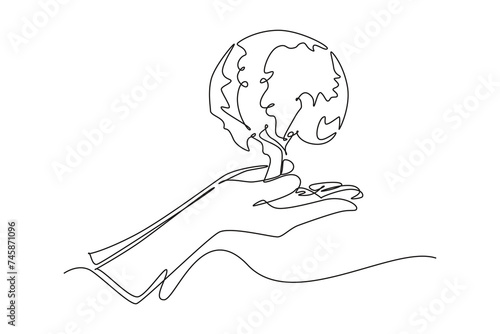 Continuous one line drawing protection of the earth in a tree. Protects the earth's ozone layer from perforating. The air remains healthy. world ozone minimalist concept.