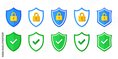 Security shield, shield with check mark and padlock, privacy and password lock vector icons colored illustration set

