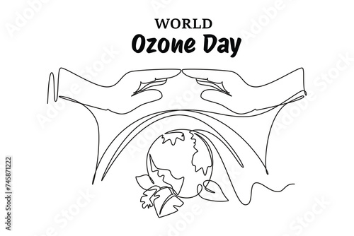Continuous one line drawing of hand protect earth ozone layer. Protects the earth's ozone layer from perforating. The air remains healthy. world ozone minimalist concept.
