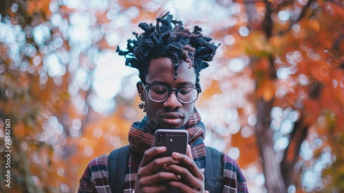 Man using smartphone in autumn setting - A young man focuses on his smartphone with an autumn background, illustrating modern connectivity amidst nature