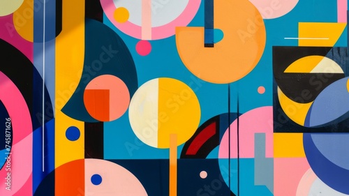 Modern abstract geometric wall painting - This artwork features modern abstract geometric shapes on a wall, using bold colors and overlapping forms to create depth