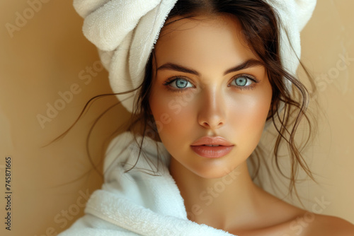 beautiful young woman in a white robe and a towel on her head on a beige background