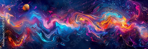 Cosmic abstract celestial bodies and waves - A cosmic-themed digital artwork with celestial bodies and psychedelic waves in a multitude of colors