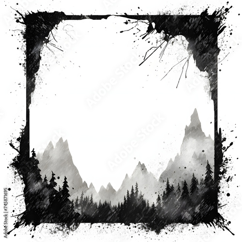 Ink monochrome illustration of mountains in a forest silhouette distressed grunge splattered frame border square shape image ornament decoration