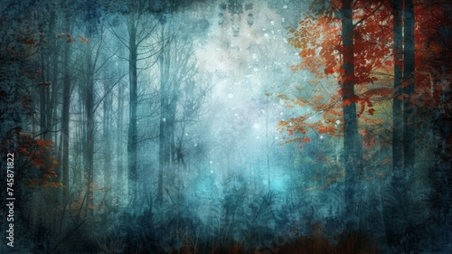 Eerie forest scene with mist and autumn colors - This image captures a haunting yet beautiful forest scene with fog rolling in and autumn leaves