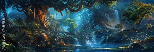 Enchanted forest scenery with waterfalls - This image captures a magical forest landscape with glowing trees, serene waterfalls, and mystical creatures flying around