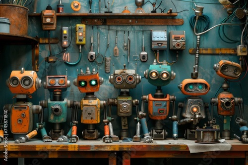 Eclectic robot workshop with a vintage vibe - A detailed workshop setting with a diverse collection of vintage-inspired robots and tools, exuding nostalgia and innovation