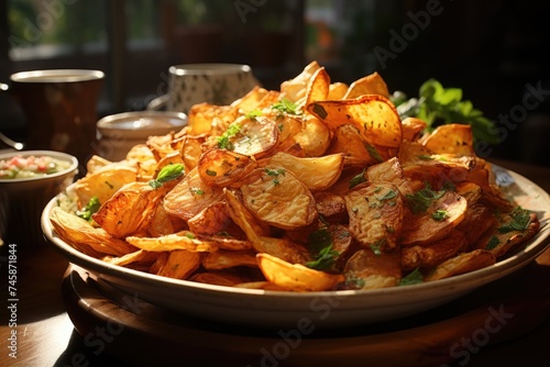 Half dose of delicious homemade chips on a brown dish on the gray table, generative IA