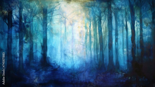 Enchanted misty forest with ethereal mood - Mysterious and ethereal digital painting of a misty forest that gives a feeling of enchantment and a touch of the surreal