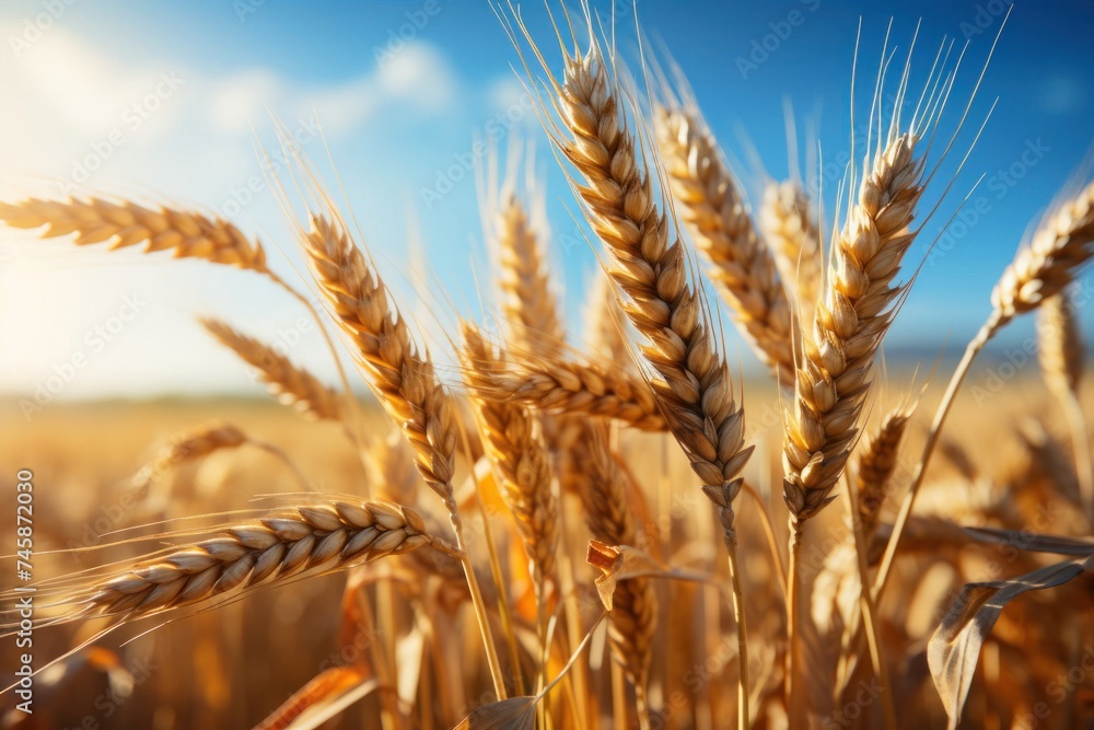 Close Up of Wheat Field With Blue Sky Generative AI Close Up of Wheat Field With Blue Sky Generative AI