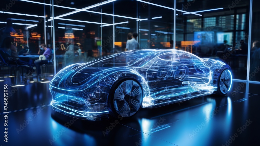 Futuristic transparent car in modern showroom - A conceptual image showcasing a futuristic vehicle with transparent design displayed in high-tech environment