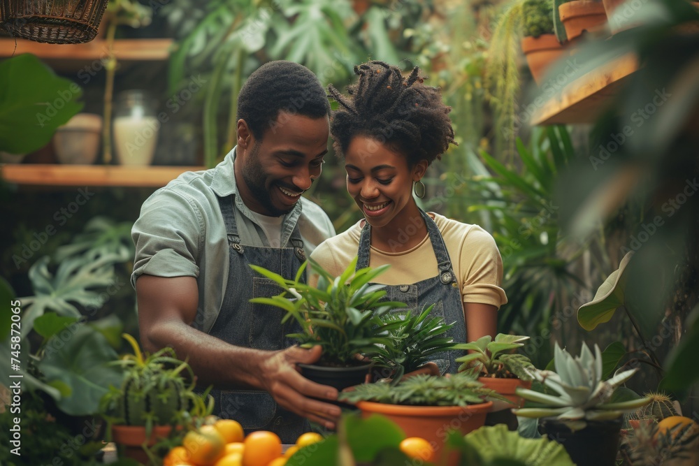 Obraz premium A happy couple shares a moment of joy while caring for plants in a greenhouse