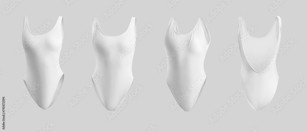 White sports swimsuit mockup 3D rendering, fashion bodyless monokini set, for design, branding, pattern, front, back view. - obrazy, fototapety, plakaty 
