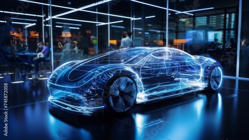 Futuristic transparent car in modern showroom - A conceptual image showcasing a futuristic vehicle with transparent design displayed in high-tech environment © Mickey