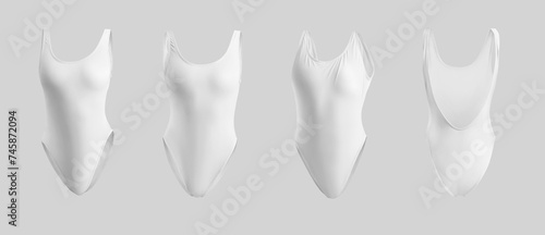 White sports swimsuit mockup 3D rendering, fashion bodyless monokini set, for design, branding, pattern, front, back view. photo