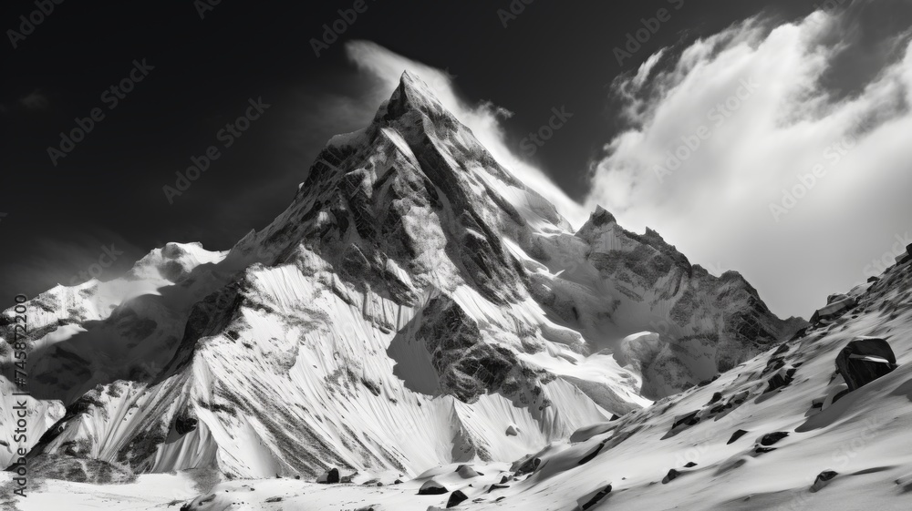 Imposing mountain peak piercing the clouds - Dramatic monochrome image showing a rugged mountain peak soaring into a cloudy sky, the epitome of nature's grandeur and imperiousness