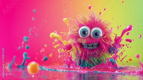 A vibrant and lively 3D animated cartoon character with a cheerful expression, isolated on a vivid pink background. The character exudes playfulness and is surrounded by dynamic splashes of color.